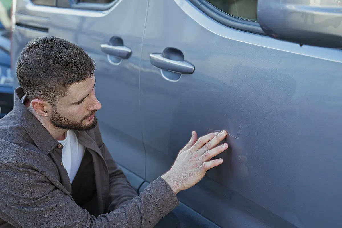 Auto body professional inspecting a dent on the side door of a blue car.