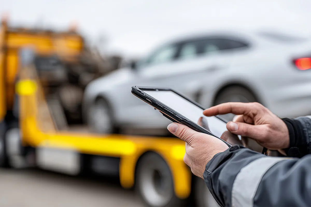 Person using a smartphone to coordinate towing services with a flatbed tow truck in the background.